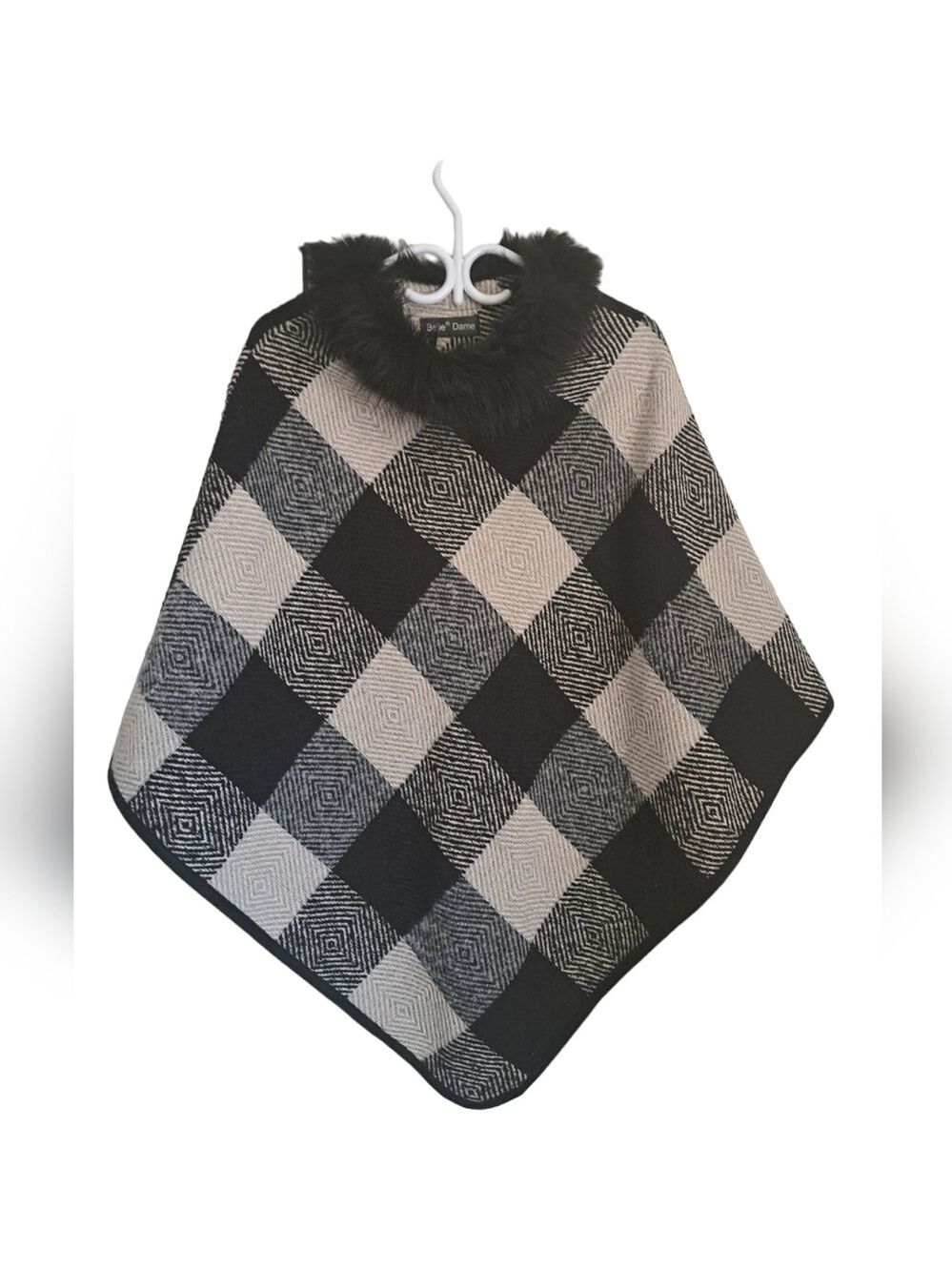 BELLE DAME black ivory large check Poncho cape Faux fur trim free size Chic